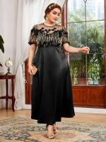 Floral Round Neck Regular Fit Black Plus Size Dresses 8463