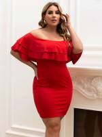 Plain Ruffle Off the Shoulder Plus Size Dresses 9889