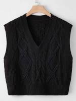 Black V neck Regular Sleeveless Plus Size Knitwear 9251