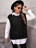 Black Round Neck Regular Fit Plus Size Knit Tops 9089