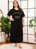 Short Sleeve Round Neck Black Women Plus Sleep  Lounge 6111