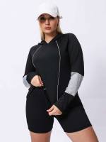 Colorblock Regular Fit Hooded Plus Size Sports Tops 266
