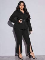 Lapel Elegant Black Long Sleeve Women Plus Clothing 1554