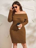 Off the Shoulder Plain Regular Fit Plus Size Sweater Dresses 3712