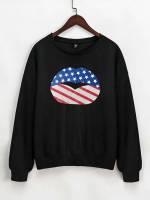 Flag Long Sleeve Black Plus Size Sweatshirts 8654