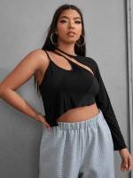 Black Asymmetrical Neck Asymmetrical Plus Size Women Tops 9466