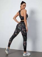  Floral Sleeveless Black Women Active Sets 3322