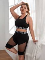  Letter Contrast Mesh Black Plus Size Sports Sets 2280