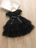 Black Round Neck Glamorous Regular Fit Toddler Girls Clothing 1671