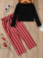 Long Sleeve Casual Round Neck Black Toddler Girl Two-piece Outfits 874