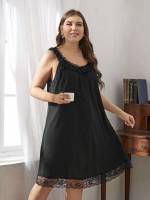 Black Plain Straps Plus Size Nightgowns  Sleepshirts 501