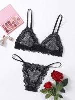  Black Plain Plus Size Bra  Panty Sets 6352