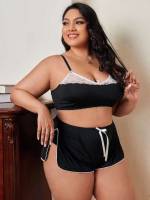 Black Contrast Lace Simple Plus Size Bra  Panty Sets 4818