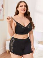 Black Plain Cute Contrast Lace Plus Size Bra  Panty Sets 9793