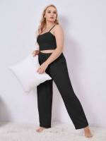  Black Plain Spaghetti Strap Plus Size Pajama Sets 5759