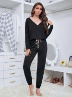 Knot Casual Black Long Sleeve Women Loungewear 16