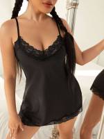  Contrast Lace Black Sleeveless Underwear  Sleepwear 3297