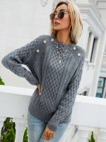  Fake Buttons Long Sleeve Women Sweaters 8682