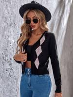 Long Sleeve V neck Geometric Crop Women Knitwear 8252