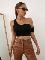 Black Sexy Asymmetrical Neck Plain Women Tops 5175