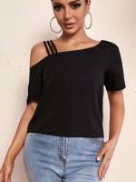 Asymmetrical Neck Casual Regular Regular Fit Women Tops, Blouses  Tee 7291