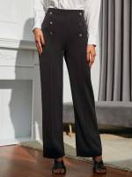 Regular Fit Fake Buttons Black Women Bottoms 5552