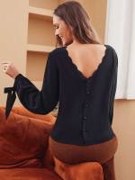 Casual Scallop Round Neck Long Sleeve Women Tops, Blouses  Tee 3504