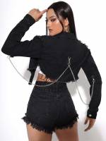 Long Sleeve Asymmetrical Crop Women Denim Jackets  Coats 8237