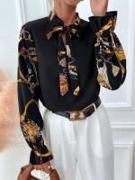 Black Chain Print Ruffle Tie Neck Women Clothing 3906