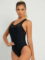 Scoop Neck Contrast Mesh Black Women Beachwear 7403