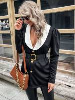 Regular Fit Colorblock Black Shawl Collar Women Suits 56