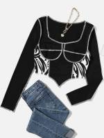 Regular Fit Crop Square Neck Black Women T-Shirts 432