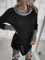 Casual Colorblock Fake Buttons Cowl Neck Women Clothing 463