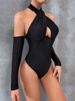 Black Long Sleeve Halter Plain Women Clothing 7248