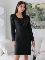 Elegant Plain Lettuce Trim Long Sleeve Women Sweater Dresses 3709