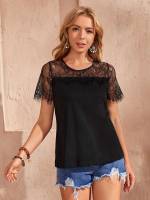 Black Contrast Lace Plain Women Tops, Blouses  Tee 3929