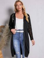 Casual Knee Length Drawstring Black Women Coats 858