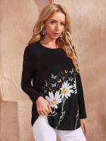  Floral Black Regular Women Tops, Blouses  Tee 7061