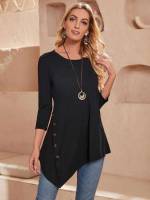  Black Casual Three Quarter Length Sleeve Women Clothing 7609