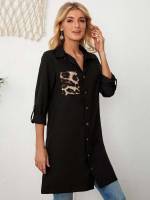 Leopard Collar Black Casual Women Clothing 246