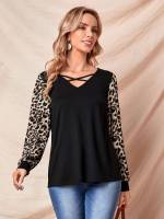  Criss Cross V neck Leopard Women T-Shirts 3065