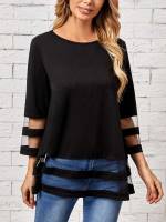  Contrast Mesh Three Quarter Length Sleeve Casual Women Tops, Blouses  Tee 3592