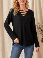 Black Cut Out Long Sleeve Plain Women Tops, Blouses  Tee 7310