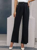  Plain Regular Fit Button Women Pants 2320