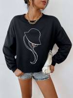 Black Round Neck Cartoon Casual Women Sweatshirts 4026