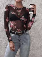 Floral Sheer Long Sleeve Women Tops, Blouses  Tee 7560