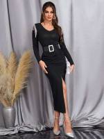 Glamorous Black Long Sleeve Plain Women Dresses 1598