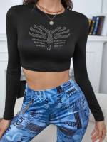  Black Slim Fit Rhinestone Women Tops, Blouses  Tee 6335