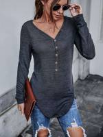 V neck Regular Fit Long Sleeve Black Women T-Shirts 8617