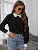 Collar Contrast Collar Long Sleeve Elegant Women Tops, Blouses  Tee 7488